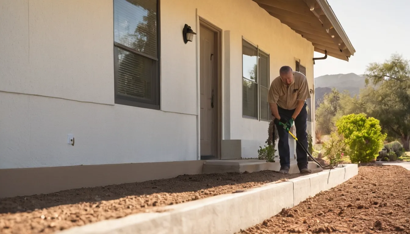 A provider inspecting the exterior of a stucco ranch home in Woodside