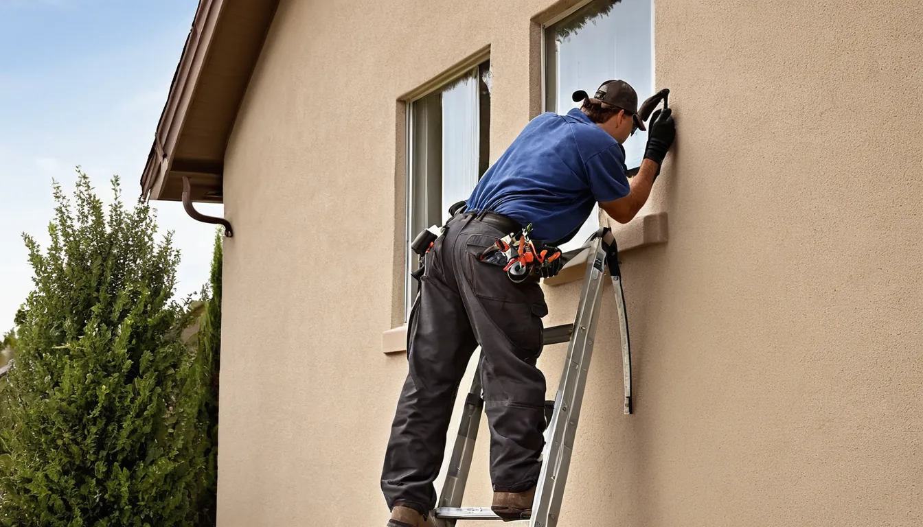 Provider inspecting a stucco home's roofline vent for animal entry points in Woodside