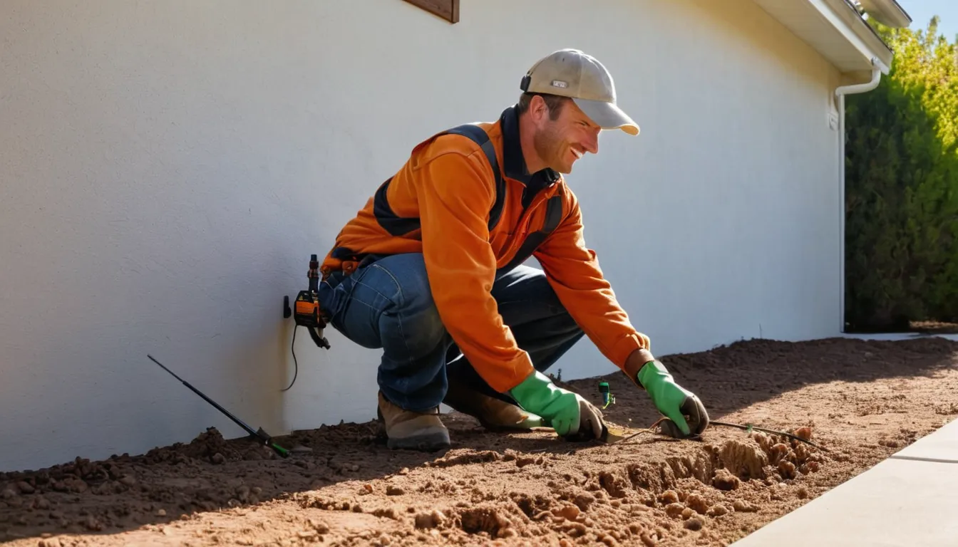 Provider inspecting a stucco ranch home's foundation for termite activity in Woodside
